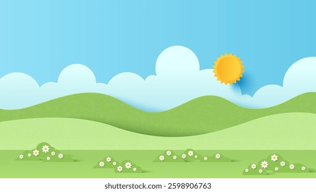Vector illustration of park scenery with mountain and cloud sky on a sunny day. Paper cut and craft style illustration