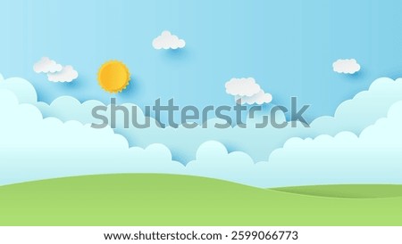 Vector illustration of park scenery with mountain and cloud sky on a sunny day. Nature landscape background. Paper cut and craft style illustration