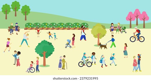 Vector illustration of a park square where diverse people come and go.