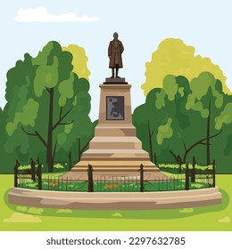 Vector illustration of park with statue in the middle