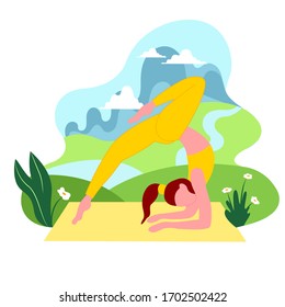 Vector illustration of a park for yoga. Stock illustration of a girl doing yoga. Flat illustration of gymnast on the nature. Illustration of a beautiful girl athlete