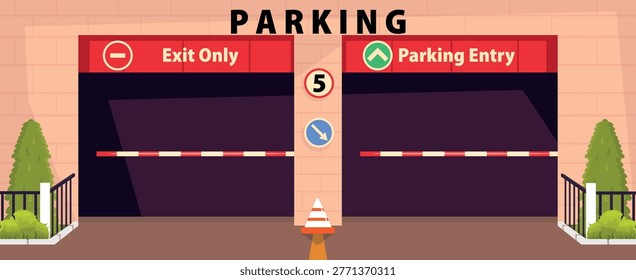 Vector illustration of parking with entry and exit.Cartoon scene of a parking lot for cars with inscriptions: exit only, parking entrance, barriers, traffic cone, direction sign, trees, bushes, fence.