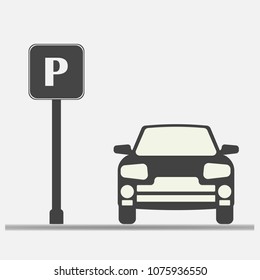 Vector illustration of a parking zone. Parking sign and car icon on a gray background.