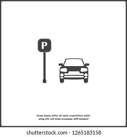 Vector illustration of a parking zone. Parking sign and car iconon white isolated. Layers grouped for easy editing illustration.