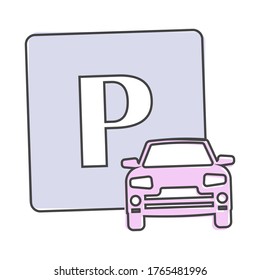 Vektorgrafik einer Parkzone. Parkzeichen und Autosymbol-Cartoon-Stil auf weißem, isoliertem Hintergrund.