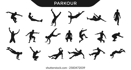 Vector illustration of parkour silhouettes in various dynamic poses