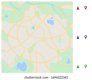 Ilustración vectorial con parques, ríos y estanques. Mapa urbano con pines. Mapa geográfico abstracto. Calles, caminos, avenidas y plazas en el plan. Navegación urbana gps. Concepto de localización geográfica