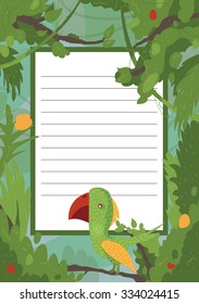 Vector illustration with parrot, beautiful greenery elements: flowers, leaves, branches and lianas. Wild exotic background. Square frame with ruled lines and cute bird underneath.