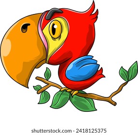 Vector illustration of parrot on a branch, tropical bird, bird illustration