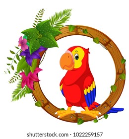 vector illustration of Parrot on round wood frame with flower