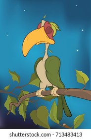 Vector Illustration of a Parrot on a Tree. Cartoon