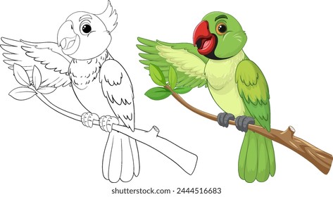 Vector illustration of a parrot and its outline.