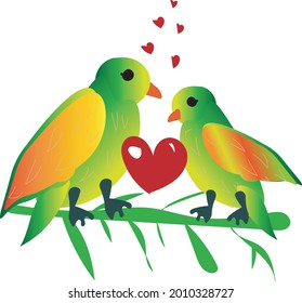 Vector illustration of a parrot perched on a branch flirting with each other