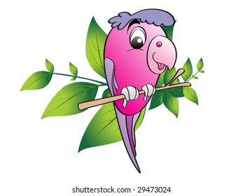 vector illustration of a parrot sitting on green leaf branch