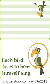 Vector Illustration of a parrot with a tied up beak.Postcard. Proverb 