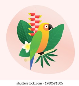 Ilustración vectorial de un loro y plantas tropicales.