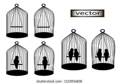 Vector illustration of parrots, cage silhouettes empty and with birds