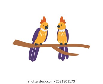 Vector illustration of parrots with colorful feathers sitting on a tree branch. Cute cartoon-style characters are perfect for design with exotic birds