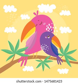 vector illustration with parrots, mom and baby are sitting on a branch of an exotic tree