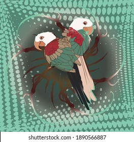 Ilustración vectorial con loros en la rama sobre el fondo azul claro