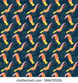
Vector illustration with parrots toucans. Hand drawn drawing about birds. Seamless pattern for boys and girls. Children's design template for fabrics and textiles.