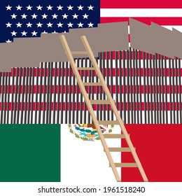 Vector illustration of part of American and Mexican flags with brown frame and a ladder in the middle concept of USA and Mexico border fences