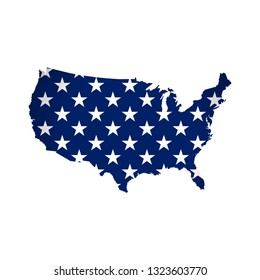 Vector illustration with part of american national flag with shape of USA map. Blue, white colors. 