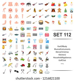Vector illustration of part, body, musical instrument, merry, christmas, kitchen, household appliance golf club fishing icon set.