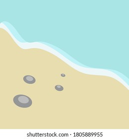 Vector illustration of a part of the coast with sand and a couple of rocks and the sea. Flat illustration of the sea shore and ocean tide frame.