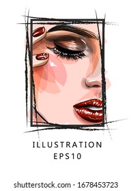 Vector illustration. Part of the face of a beautiful girl. Makeup red lips and long eyelashes. Suitable for printing and for printing on fabric. Beauty and personal care concept.