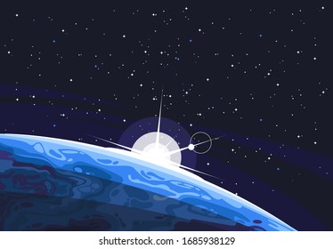 Vector illustration of a part of the planet in the foreground against the background of space and stars