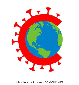 Vector illustration. Part of a red coronavirus molecule in the form of the letter C around the planet on a white background