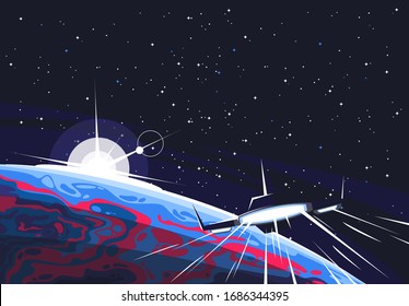 Vector illustration of a part of an unknown planet in the foreground, against the background of space and stars, a futuristic spaceship flying over the planet