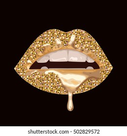 Vector illustration with parted lips. Gold glitter on sexy lips. Dripping with gold paint lips.