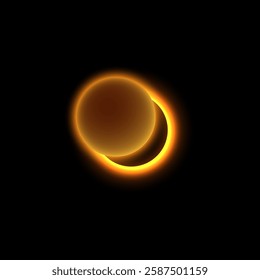 Vector illustration of partial eclipse with bright shining yellow light. Eclipse phase of sun or moon. Space and astronomy theme. Isolated black background. Space phenomenon.