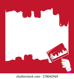 A vector illustration of a partially painted wall using a paint roller.