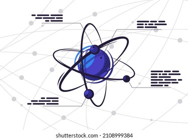 Vektorgrafik eines Partikelatom mit einer ausführlichen Beschreibung jedes Elements