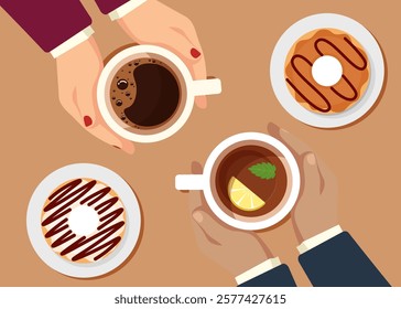 Vector illustration of partners drinking hot coffee and tea and caramel and chocolate donut, top view on cafe table. Friends meeting, date. Cup of warmth and sweet delicacy. 10 EPS