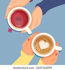 Vector illustration of partners drinking hot coffee and tea, top view on cafe table. Meeting of friends, girl and guy, date. Cup of warmth. Sweet cappuccino and red tea 10 EPS
