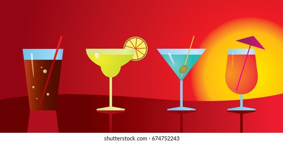 Vector Illustration of Party Alcohol Cocktail Set on Sunset Background