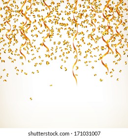 Vector Illustration of a Party Background with Golden Confetti and Curly Ribbons