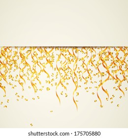 Vector Illustration of a Party Background with Golden Confetti and Curly Ribbons