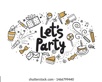 Vector illustration of Let’s party badge set. Design elements with lettering text for greeting cards, banner, print. Cake, candle, gift, balloon and other elements isolated on white background