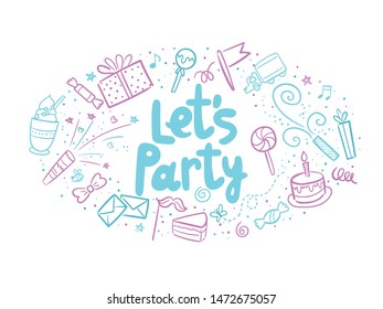 Vector illustration of Let’s party badge set. Design elements with lettering text for greeting cards, banner, print. Cake, candle, gift, balloon and other elements isolated on white background