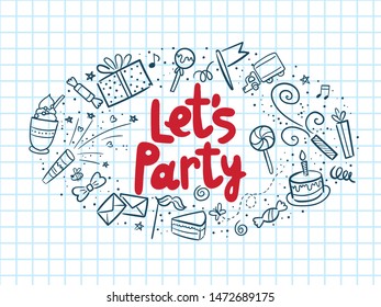 Vector illustration of Let’s party badge set. Design lettering text for greeting cards, banner. Cake, candle, gift, balloon, other elements isolated on grid page notebook background