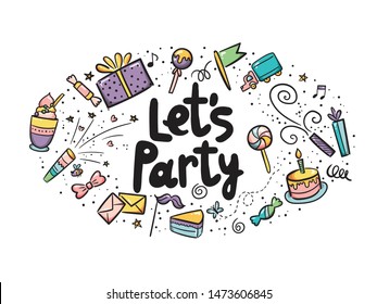 Vector illustration of Let’s party badge set. Design elements with lettering text for greeting cards, banner, print. Cake, candle, gift, balloon and other elements isolated on white background