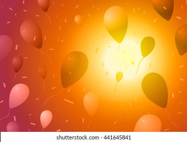 Vector Illustration. A party. Balls flying confetti into the sky with a sunset in the background.
