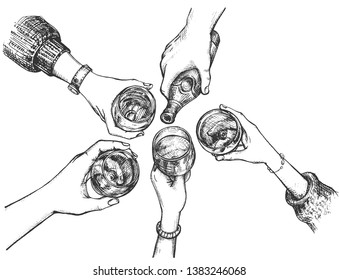 Vector illustration of party and celebration set. Company drinking alcohol at bar, female and male hands holding glasses with drinks, bottle with beer cheers clinking. Vintage hand drawn style.
