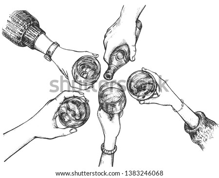 Vector illustration of party and celebration set. Company drinking alcohol at bar, female and male hands holding glasses with drinks, bottle with beer cheers clinking. Vintage hand drawn style.