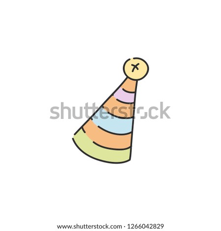 Vector illustration of party cone hat isolated on white background - hand drawn holiday carnival costume element, funny striped cap with decoration for birthday or new year design.